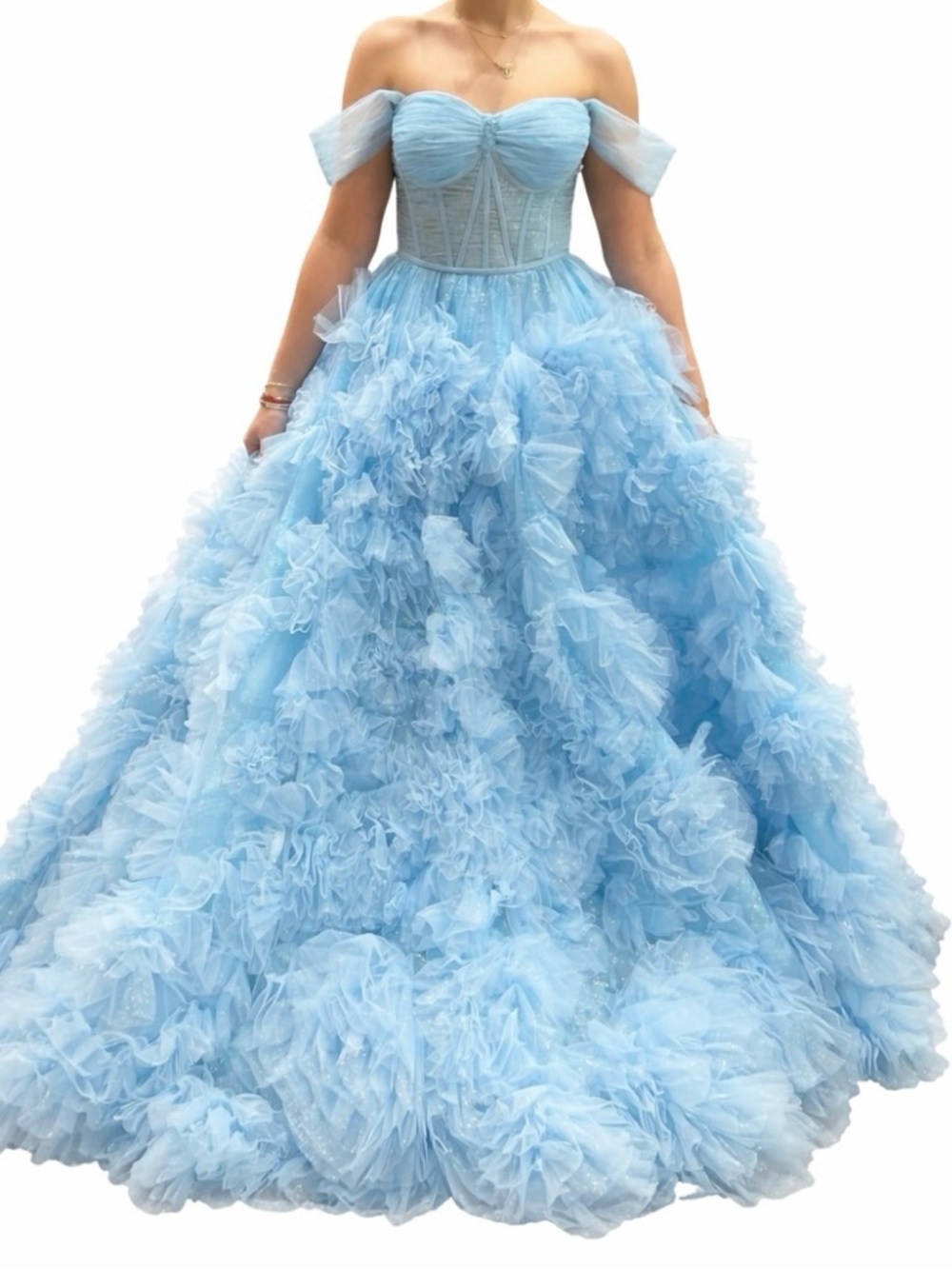 Sherri Hill Light Blue Off-Shoulder Ruffled Ball Gown